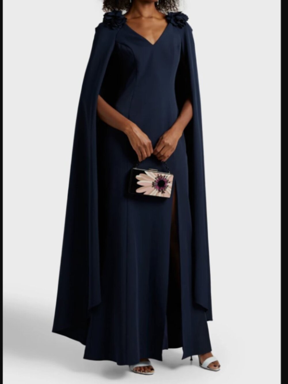 NEW Marchesa Notte Cape Effect Floral-Appliquéd Cady Gown Navy Blue Size 4 - Picture 2 of 7